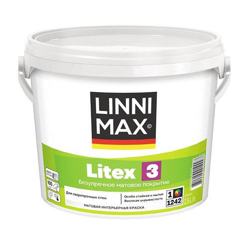 LINNIMAX Краска интерьерная LITEX 3, белая, база 1, 2,5 л 948105688 - фото 11151