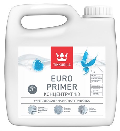 Tikkurila Euro Primer Укрепляющая акрилатная грунтовка, 3 л 700001238 - фото 12411