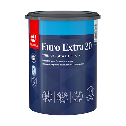 TIKKURILA EURO EXTRA 20 Моющаяся краска для влажных помещений, база A, 0,9 л 700001105 - фото 14999