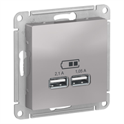 Schneider Electric AtlasDesign Розетка USB встраиваемая, 2,1/1,05 А, 5 В, IP20 (алюминий) ATN 000 333